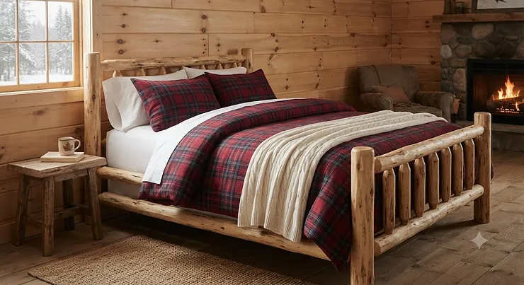 Cozy cottage blanket set for guests CAD arranged neatly on a rustic wooden guest bed in a Canadian cabin.