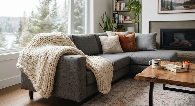 A warm, chunky knit accent blanket draped over a modern grey couch in a bright Canadian living room.