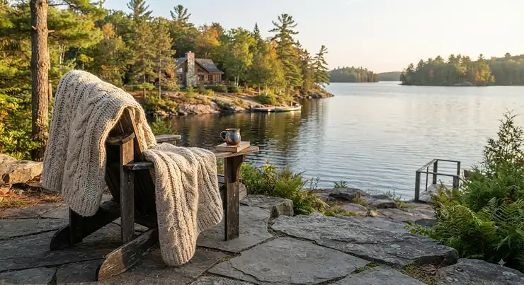 A chunky knit cottage blanket draped over an Adirondack chair overlooking a peaceful Muskoka lake.