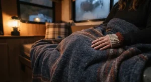 Close-up of a soft, cozy fleece RV blanket perfect for staying warm in a camper on a chilly autumn night.