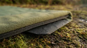 Soft, warm fleece interior of a waterproof camping blanket providing insulation for cool nights at the cottage or by the campfire.