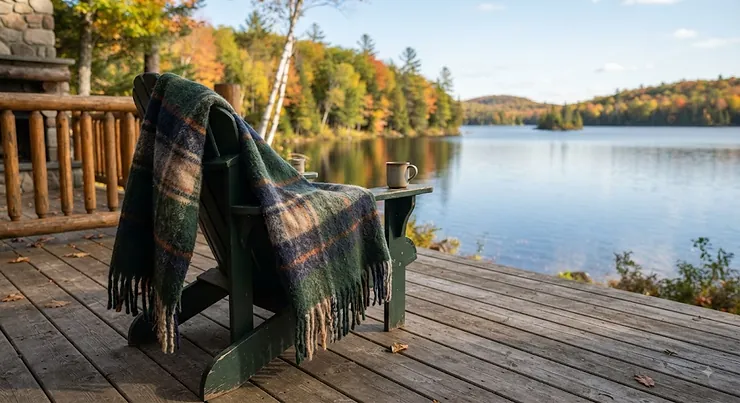 A soft wool rustic cottage blanket draped over a Muskoka chair on a wooden deck overlooking a Canadian lake.