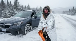 A Canadian driver staying warm wrapped in a reflective thermal compact car emergency blanket after a highway breakdown in winter snow.