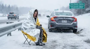 A stranded motorist wrapped in a reflective emergency car blanket during a winter storm on a Canadian highway.