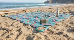 A durable beach blanket under $40 CAD featuring convenient weighted corner pockets.