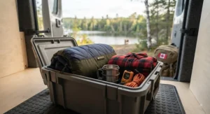 A rugged yet soft compact RV blanket packed inside a gear bin, ideal for off-grid camping adventures across Canada.