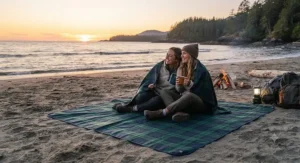 Two friends relaxing on a sandy beach along Vancouver Island at sunset, resting on an oversized camping blanket for two people.