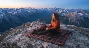 A hiker sitting on a rugged packable camping blanket atop a Canadian mountain summit with a view of the peaks.