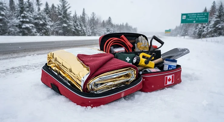 An emergency car blanket neatly folded inside a Canadian winter roadside safety kit on snow.