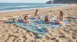 An extra-large beach blanket under $40 CAD providing plenty of space for relaxing outdoors.