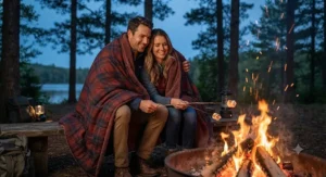 A couple wrapped snugly together in an oversized camping blanket for two people while roasting marshmallows by a crackling campfire.