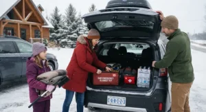 A family packing a car emergency blanket kit into their SUV before a winter road trip across rural Canada.