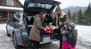 A family packing a compact car emergency blanket into their vehicle safety kit before driving through rural Canada.
