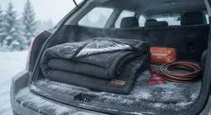 A heavy-duty fleece emergency car blanket designed to retain body heat in sub-zero temperatures.