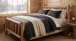 Beautifully styled cottage blanket set for guests CAD featuring warm plaid patterns ideal for chilly Canadian nights.