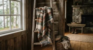 Handwoven rustic cottage blanket draped over a rustic wooden ladder in a classic Canadian cottage entryway.