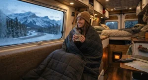 An electric heated RV blanket plugged in inside a camper van, ideal for winter road trips through the Canadian Rockies.