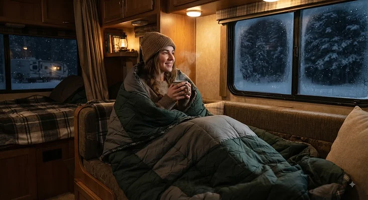 A thick, insulated RV blanket designed for keeping warm during cold Canadian nights in a camping trailer.