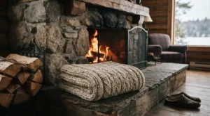 A chunky, heavy-knit rustic cottage blanket folded neatly in front of a stone fireplace in a Canadian winter cabin.