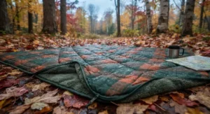 Close-up of the plush quilted insulation of an oversized camping blanket for two people during crisp autumn camping in Quebec.