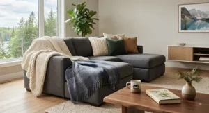 Professional interior styling of a couch featuring a layered accent blanket to create a welcoming Canadian living space.