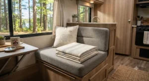Lightweight breathable RV throw blanket set folded neatly inside a sunny Canadian travel trailer.