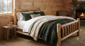 Luxurious cottage blanket set for guests CAD draped over a rustic log bed frame in a cottage retreat.