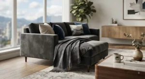 Elegant, woven accent blanket for the couch in a Canadian apartment with a contemporary aesthetic.