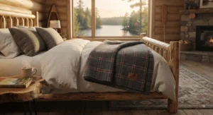 High-quality Canadian-made wool cottage blanket for lake house bedroom styling.
