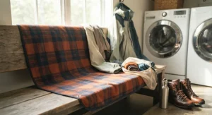 The packable camping blanket laid out next to other outdoor gear, highlighting its easy-to-clean, machine-washable fabric.