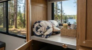 Easy-care machine washable RV throw blanket set shown rolled up for compact road trip storage.