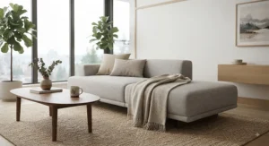 Minimalist living room featuring a neutral-toned accent blanket for the couch to add texture and warmth.
