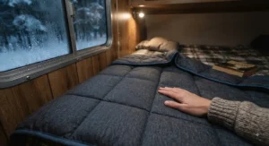 A moisture-wicking RV blanket designed to prevent condensation and keep campers dry and warm on cold nights.