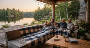 Minimalist beige cottage blanket for lake house interior with a modern view of the lake.