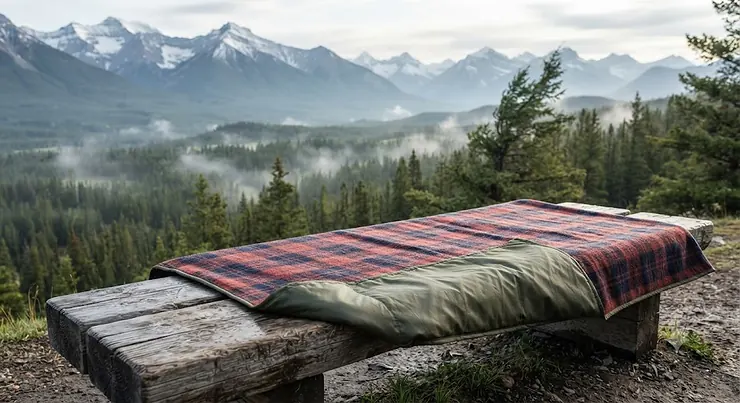 An oversized camping blanket for two people spread out over a wooden bench overlooking a misty pine forest in the Canadian Rockies.