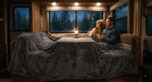 An oversized, plush RV blanket covering a dinette seating area to provide warmth during cold nights at a provincial park.