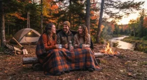 Friends huddled together under a warm, packable camping blanket at a campsite during a crisp Canadian autumn evening.
