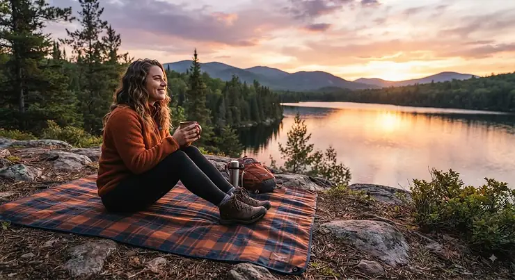 A person sitting on a packable camping blanket while enjoying a sunset view over a Canadian lake.