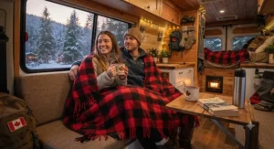 Traditional red and black buffalo plaid RV throw blanket set keeping travelers warm in a campervan.