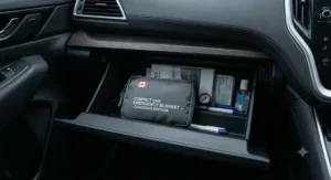 A small pouch containing a compact car emergency blanket stored conveniently inside a vehicle glove compartment.