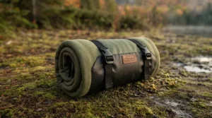 Rollable waterproof camping blanket packed compactly with integrated straps, ready for hiking and backpacking across Canada.