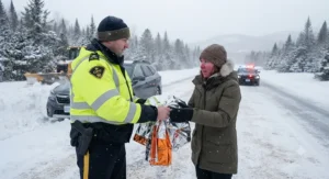 An emergency responder providing a bright silver compact car emergency blanket to a stranded motorist on a snowy Canadian highway.