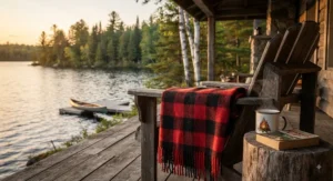 Classic red and black plaid wool cottage blanket perfect for cool evenings at a Canadian lake house.