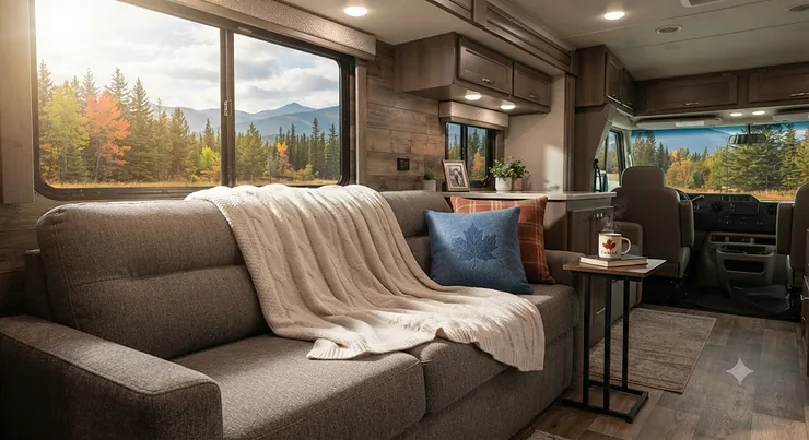 A cosy RV throw blanket set draped over a couch in a modern Canadian motorhome interior.
