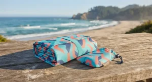 A sand-free beach blanket under $40 CAD neatly folded and ready for a trip to the coast.