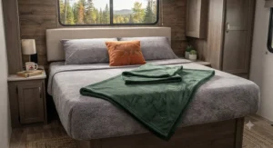 Ultra-soft fleece RV throw blanket set neatly styled on a travel trailer queen bed.