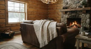A neutral-toned rustic cottage blanket layered on a leather sofa inside a traditional Canadian log home.