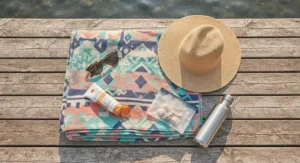 A flat lay of a stylish summer beach blanket under $40 CAD alongside sunglasses and sunscreen.