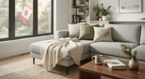 Eco-friendly, organic cotton accent blanket for a couch, popular among conscious shoppers in Canada.