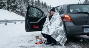 A driver using a thermal Mylar car emergency blanket to stay warm during a roadside breakdown in freezing weather.